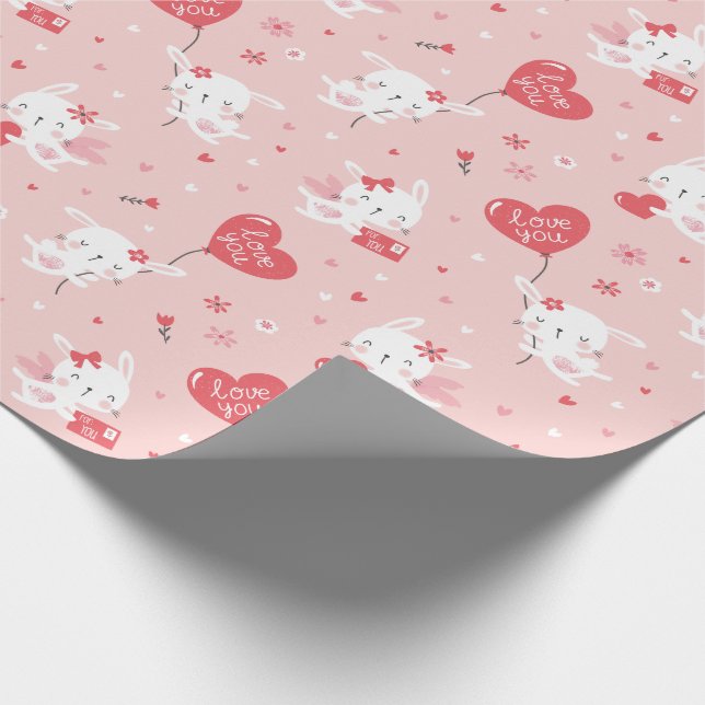 Papel De Presente Coelhos Namorados bonitos com balões rosa (Ponta)