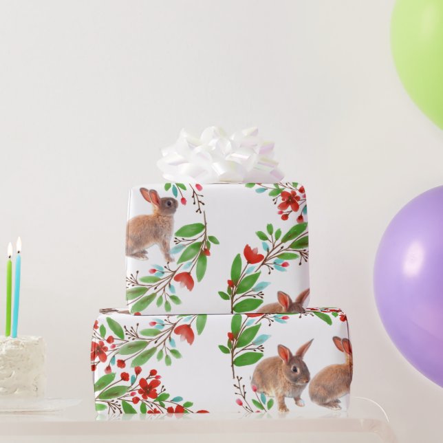 Papel De Presente Coelhos Red Cherry Blossomas Verdes Folhas (Presentes para festas)
