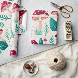 Papel De Presente Cogumelo Carmesim Brilhante e Estampa de Folha Azu