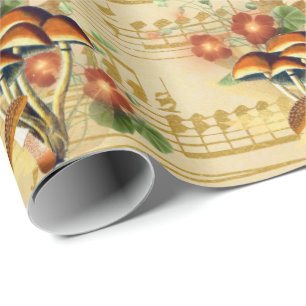 Papel De Presente Cogumelos Castanho Laranja Vintage Música Dourada