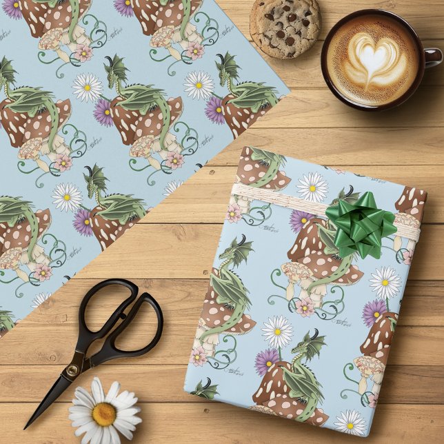Papel De Presente Cogumelos de Flores de Dragão da Fantasia Verde Ca (Criador carregado)