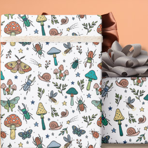 Papel De Presente Cogumelos e Insetos desenhados à mão   Floresta No