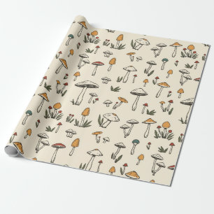 Papel De Presente Cogumelos Florestais Pequenos em Fundo bege