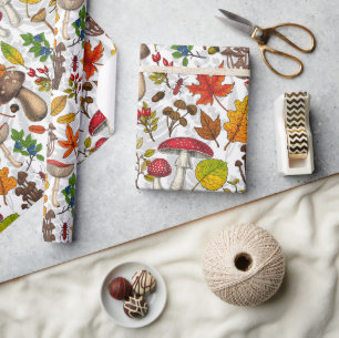 Papel De Presente Cogumelos, folhas, loucos e bagas de outono