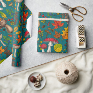 Papel De Presente Cogumelos, folhas, loucos e bagas de outono, em az