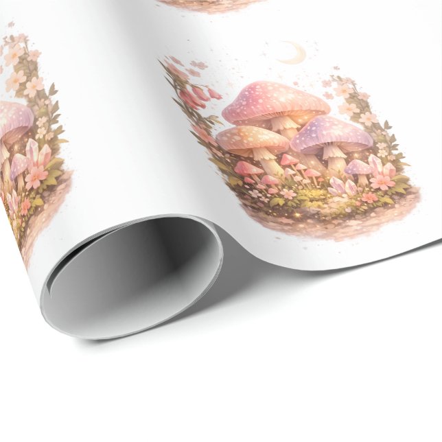 Papel De Presente Cogumelos Mágicos Vibes Pastel de Casa de Fadas (Ponta do rolo)