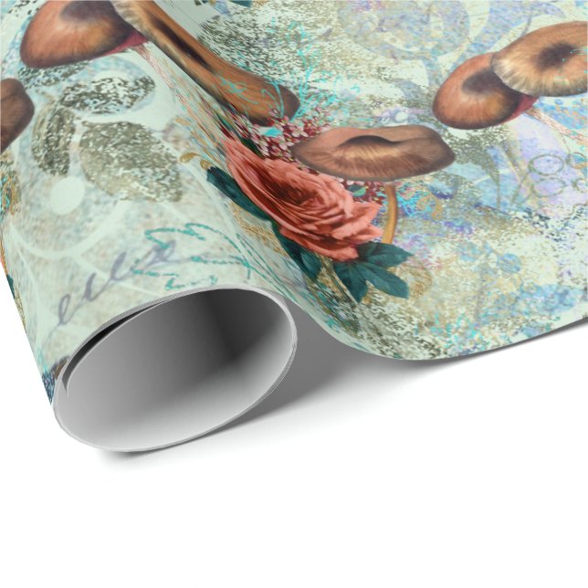 Papel De Presente Cogumelos Marrom Woodland Antigos Rosas Blue Mint (Ponta do rolo)