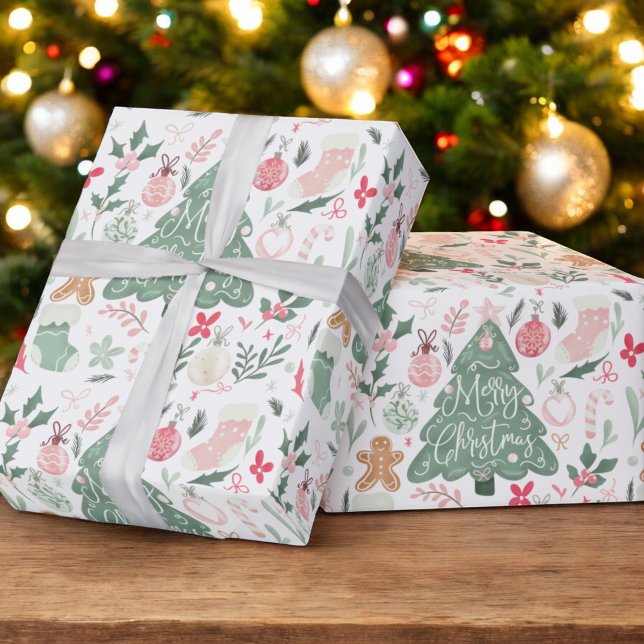 Papel De Presente Coisas de Natal bonitas Padrão de Ilustração (Cute retro Christmas things Illustration Pattern Wrapping Paper)
