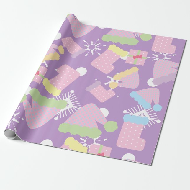 Papel De Presente Coisas de Natal Padrão Roxo Pastel  (Desenrolado)