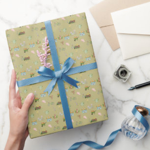 Papel De Presente Colagem de Aquarela de Jardim Cottagecore com Bici