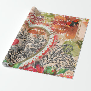 Papel De Presente Colagem de Arte Coração de Pássaros do Amor Vermel