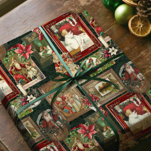 Papel De Presente Colagem de Cartão de Natal Vitoriano Colorido Vint