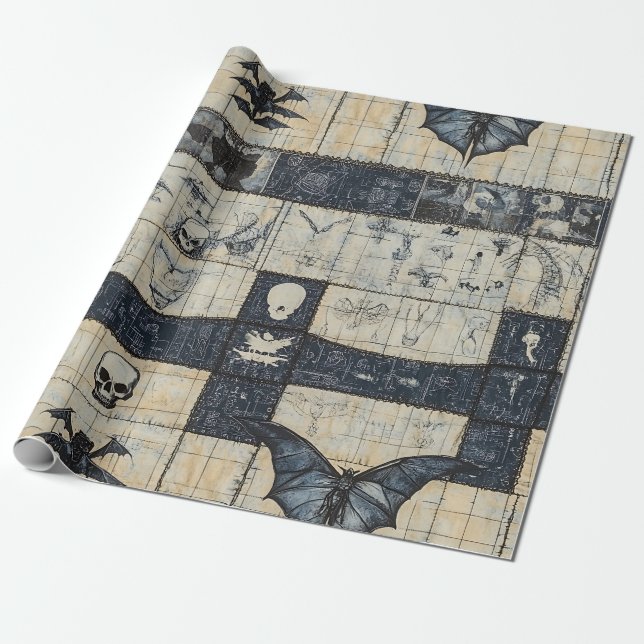 Papel De Presente Colagem de Crânio Gótico e Denim de Morcego (Desenrolado)