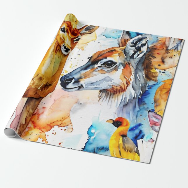 Papel De Presente Colagem de Criaturas de Aquarela (Desenrolado)