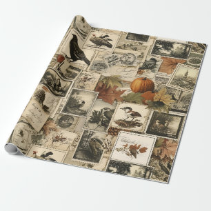 Papel De Presente Colagem de Ephemera de outono de Vintage Aves Ru