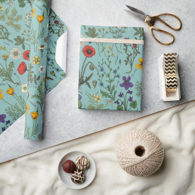 Papel De Presente Colagem de flores silvestres em azul (Artesanato)
