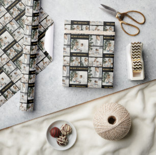 Papel De Presente Colagem de Fotografias Dourada e Preta de Natal Mo