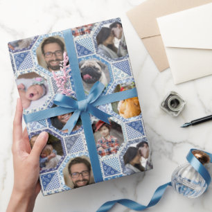 Papel De Presente Colagem de Fotografias Familiares Fácil Azul Incl