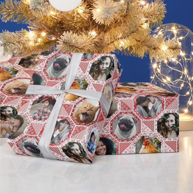 Papel De Presente Colagem de Fotografias Familiares Vermelho Inclina (Feriados)