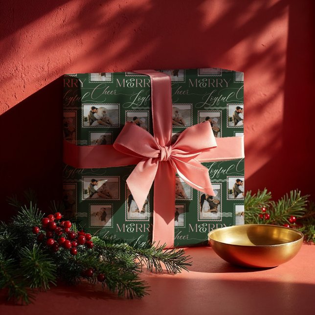 Papel De Presente Colagem de Fotografias Modernas com Voz e Alegria  (Merry Joyful Cheer Wavy Retro Modern Photo Collage Wrapping Paper)