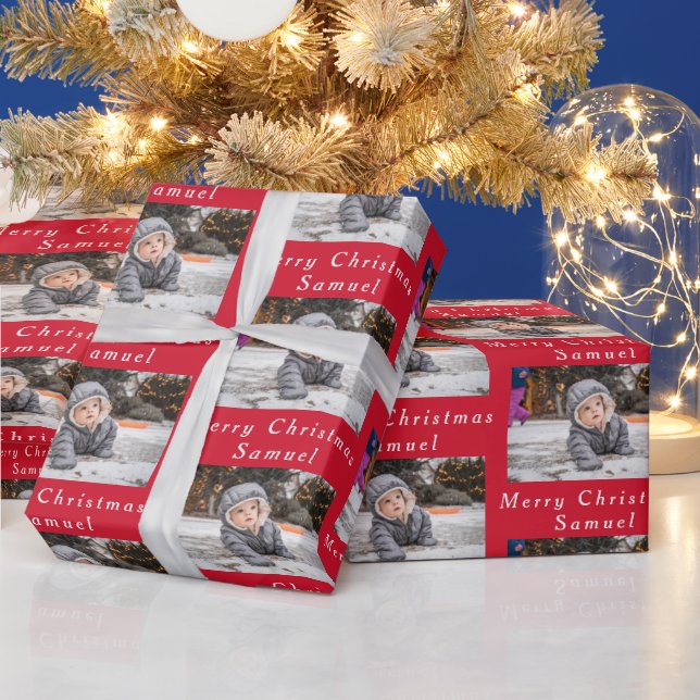 Papel De Presente Colagem de Fotos Brancas Vermelhas com Nome de Nat (Feriados)