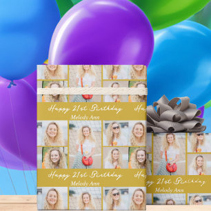 Papel De Presente Colagem de Fotos Chic Gold Feliz Aniversário