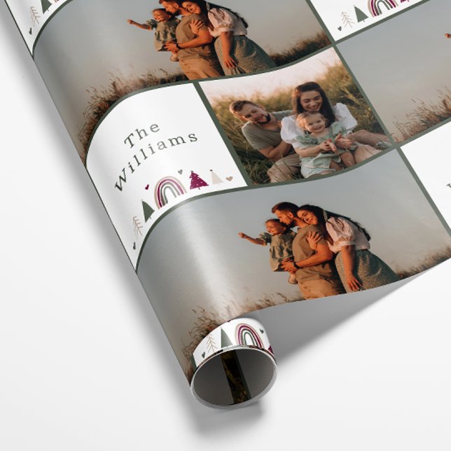 Papel De Presente Colagem de Fotos da Família Boho Rainbow Christmas (Criador carregado)