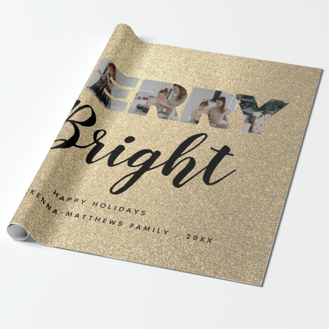 Papel De Presente Colagem de Fotos da Família Personalizada Dourada  (Desenrolado)