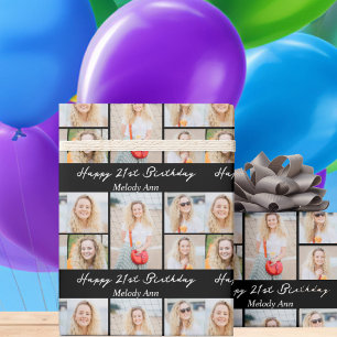 Papel De Presente Colagem de Fotos de Aniversário Preto Chic