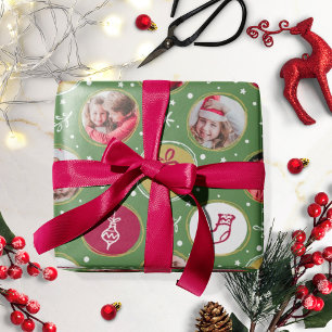 Papel De Presente Colagem de Fotos de Família Divertida Natal Verde
