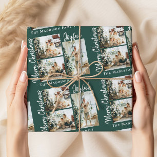 Papel De Presente Colagem de Fotos de Natal Alegre e Feliz em Verde