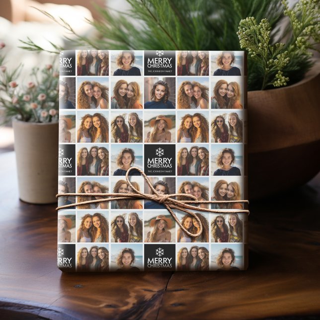 Papel De Presente Colagem de Fotos de Natal Preto e Branco 8 (Personalized wrapping paper with photo collage)