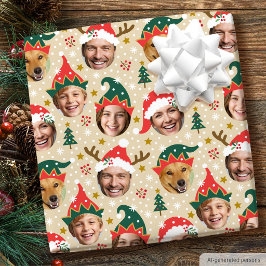 Papel De Presente Colagem de Fotos de Natal Rosto Engraçado Festivo 