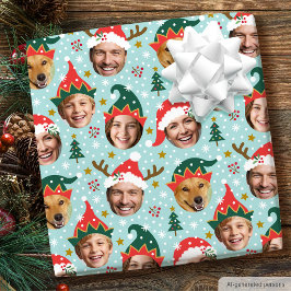 Papel De Presente Colagem de Fotos de Natal Rosto Engraçado Festivo 