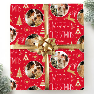 Papel De Presente Colagem de Fotos de Rena de Natal Elegante Vermelh