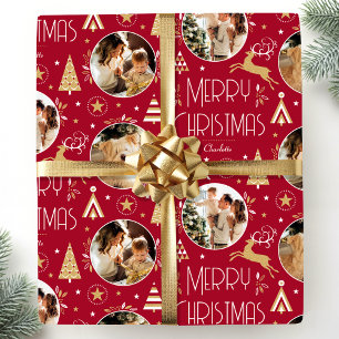 Papel De Presente Colagem de Fotos de Rena de Natal Elegante Vermelh