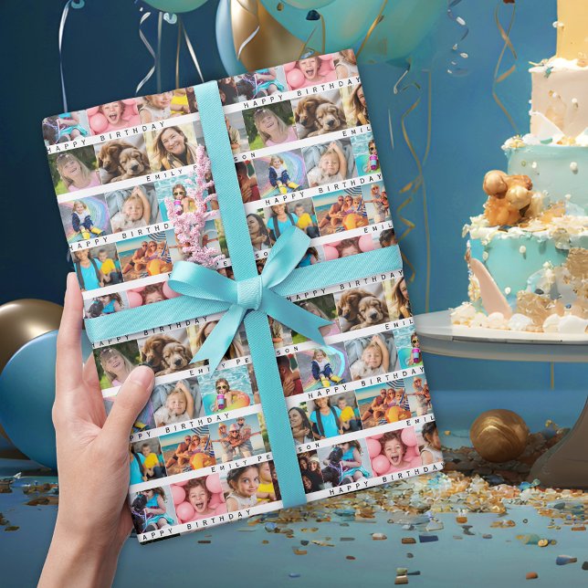 Papel De Presente Colagem de Fotos de Stripe de Aniversário (Criador carregado)