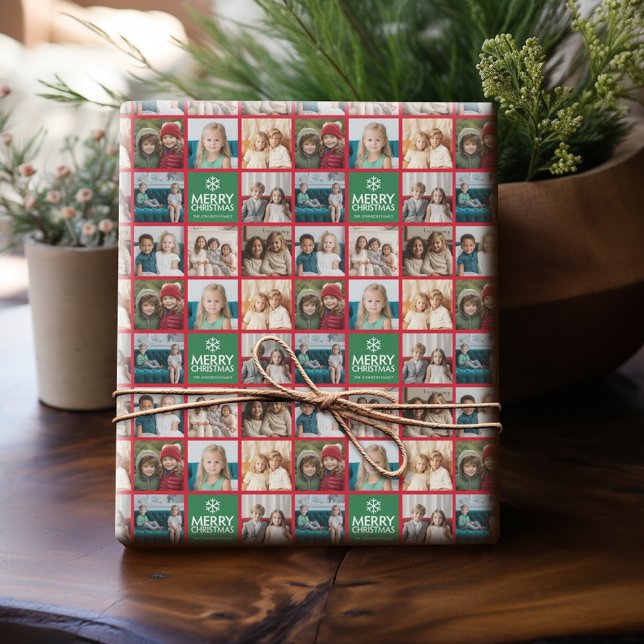 Papel De Presente Colagem de Fotos do Feliz Natal Vermelho e Verde (Personalized Photo Wrapping Paper)