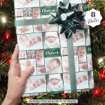 Papel De Presente Colagem de Fotos do Green Christmas 8 Personalizad<br><div class="desc">Crie sua própria saudação personalizada e escolha de cores repetindo colagem fotográfica colagem novidade de Natal com este modelo de colagem fotográfica fácil de carregar com 8 imagens em várias formas e tamanhos, tanto horizontais como verticais, para acomodar uma grande variedade de assuntos fotográficos, a saudação editável de MERRY CHRISTMAS...</div>