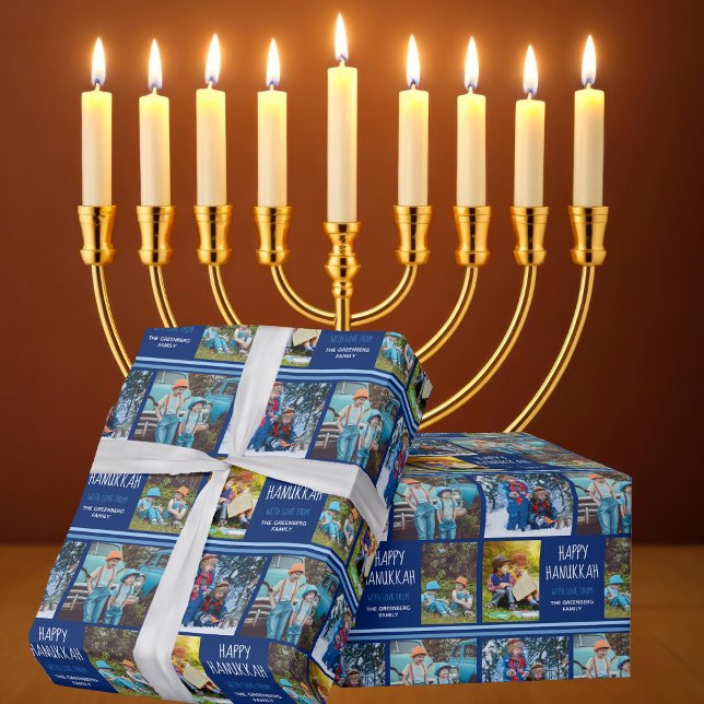 Papel De Presente Colagem de Fotos Feliz Hanukkah Personalizada Azul (Criador carregado)