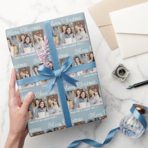 Papel De Presente Colagem de Fotos Natal Azul Empoeirado Chic