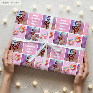 Papel De Presente Colagem de Fotos Personalizada Moderno Retro Rosa
