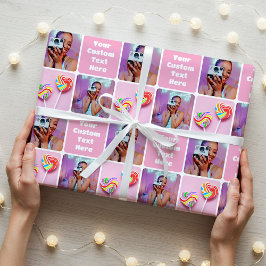 Papel De Presente Colagem de Fotos Personalizada Moderno Retro Rosa 
