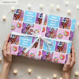 Papel De Presente Colagem de Fotos Personalizada Padrão Azul Moderno