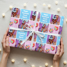 Papel De Presente Colagem de Fotos Personalizada Padrão Azul Moderno