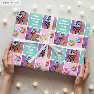 Papel De Presente Colagem de Fotos Personalizada Padrão Verde Modern