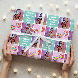 Papel De Presente Colagem de Fotos Personalizada Padrão Verde Modern