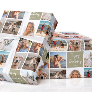 Papel De Presente Colagem de Fotos Personalizada Verde Moderno de An