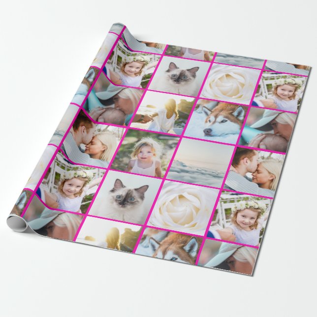 Papel De Presente Colagem de Grade Personalizada de Fotografias Rosa (Desenrolado)
