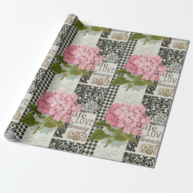Papel De Presente Colagem de Hortênsia Rosa Chic Arte de Damasco Vin (Desenrolado)